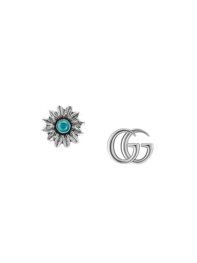Gucci Gg Marmont & Flower Mismatched Sterling Silver Stud Earrings In Metallic