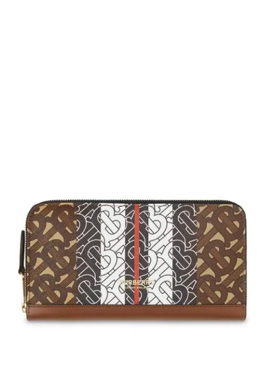 BURBERRY MONOGRAM STRIPE E-CANVAS AND LEATHER ZIPAROUND WALLET - 棕色