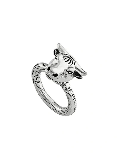 Shop Gucci Anger Forest Bull's Head Ring In Silver