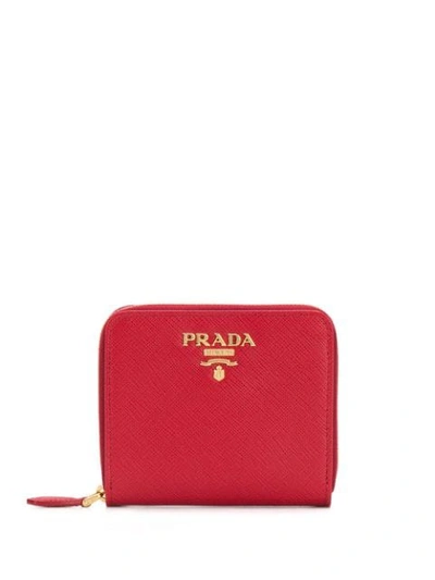 Shop Prada Logo Plaque Zipped Wallet In Red