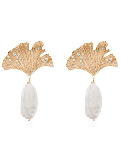 Shop Apples & Figs 24kt Gold Vermeil Love Potion Leaf Pearl Drop Earrings