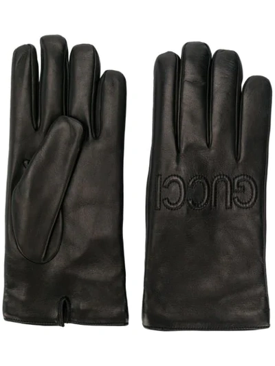 Shop Gucci Logo Embossed Gloves In Black