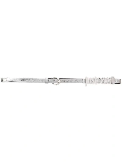 Shop Just Cavalli Slim Logo Plaque Belt In Silver