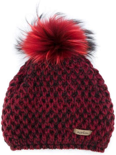 Shop Norton Racoon Fur Pom Pom Hat - Red