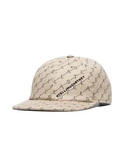 Shop Stella Mccartney Beige Logo Print Flat Peak Baseball Cap In Brown