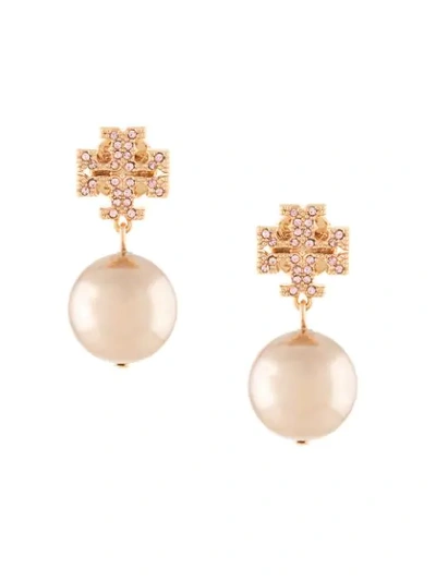 Shop Tory Burch Crystal Pearl Logo Earrings In 674 Tory Gold / Vintage Rose