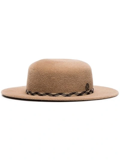 Shop Maison Michel Camel Ribbon Embellished Calf Hair Hat In Neutrals