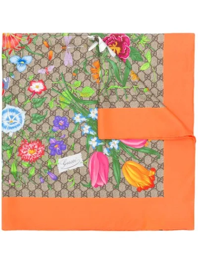 Shop Gucci Gg Flora Print Scarf In Orange
