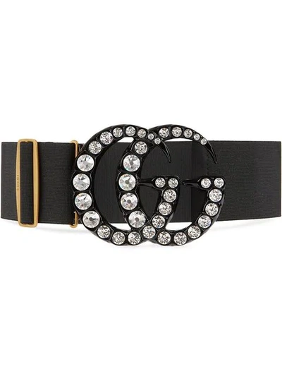 Shop Gucci Elastic Belt With Crystal Double G Buckle In Black