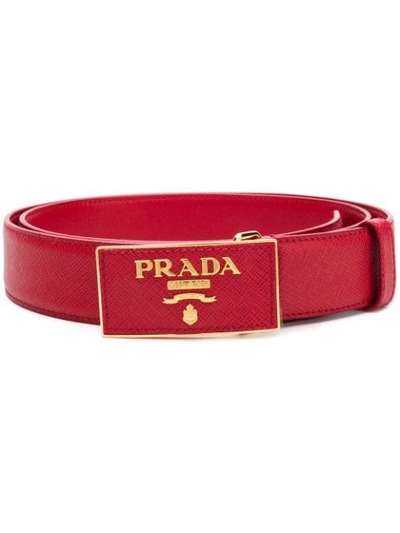 Shop Prada Saffiano Leather Logo Belt In Red