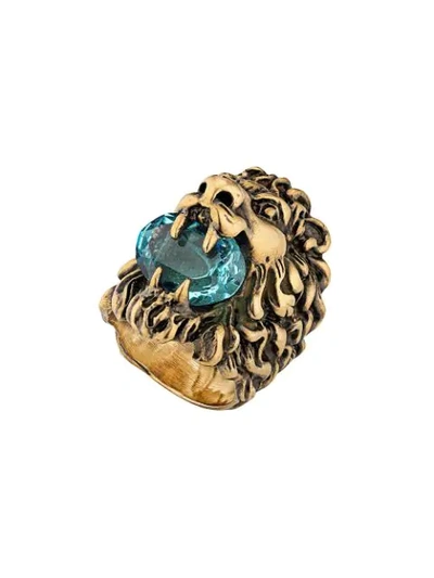 Shop Gucci Embellished Lion Head Ring In Gold