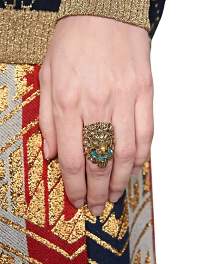 Shop Gucci Embellished Lion Head Ring In Gold