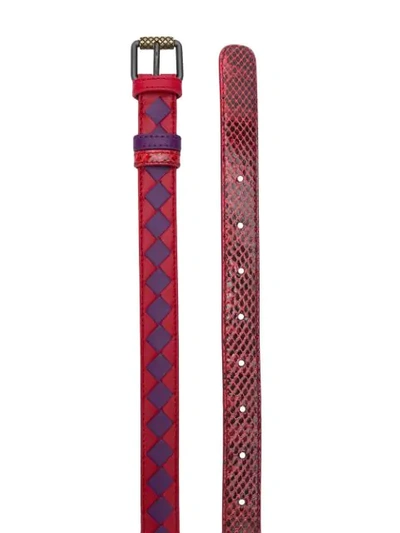 Shop Bottega Veneta Reversible Intrecciato Weave And Snake Embossed Belt In Red