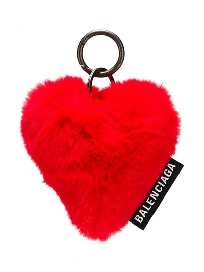 Shop Balenciaga Faux Fur Heart Key Ring In Red