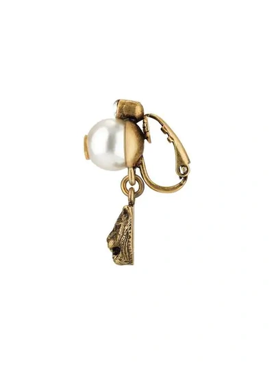 Shop Gucci Feline Earrings With Resin Pearls In Metallic ,white