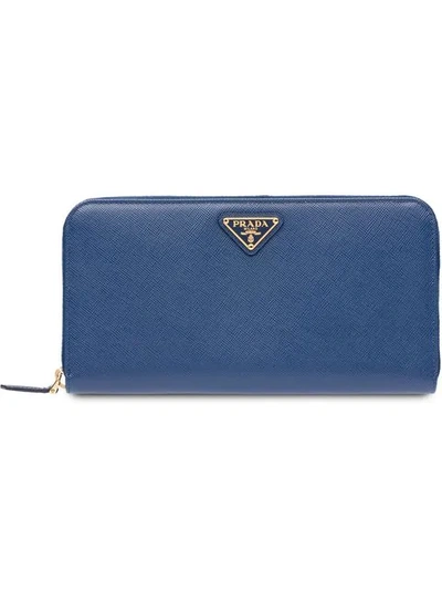 Shop Prada Logo-plaque Zip-around Wallet In Blue