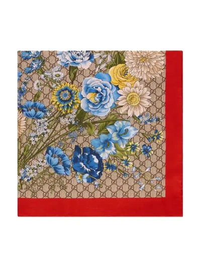 Shop Gucci Gg Bouquets Print Silk Scarf In Red