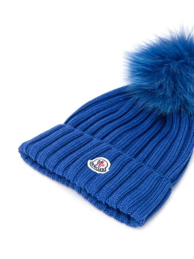 Shop Moncler Ribbed Pompom Beanie In Blue