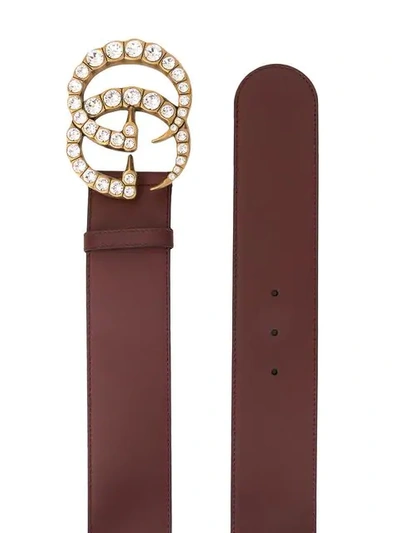Shop Gucci Leather Belt With Crystal Double G Buckle In Red