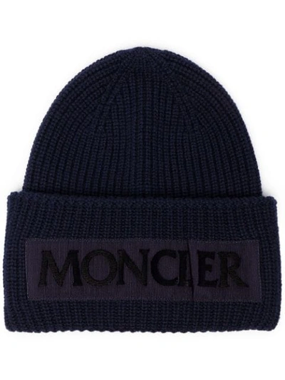 Shop Moncler Logo Patch Beanie In Blue