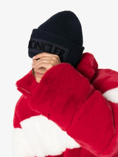 Shop Moncler Logo Patch Beanie In Blue