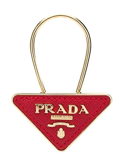 Shop Prada Logo Saffiano Triangle Keyring In Red