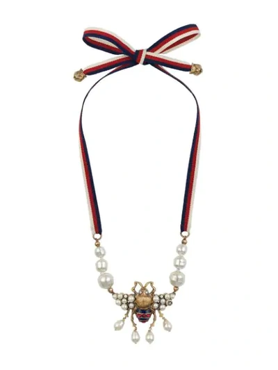 Shop Gucci Bee Necklace With Crystals And Pearls In Multicolour