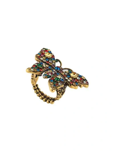 Shop Gucci Crystal Studded Butterfly Ring In Gold