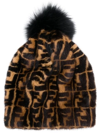 Shop Fendi Logo Fur Beanie In Brown