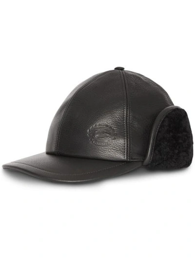 Shop Burberry Shearling And Leather Baseball Cap In Black