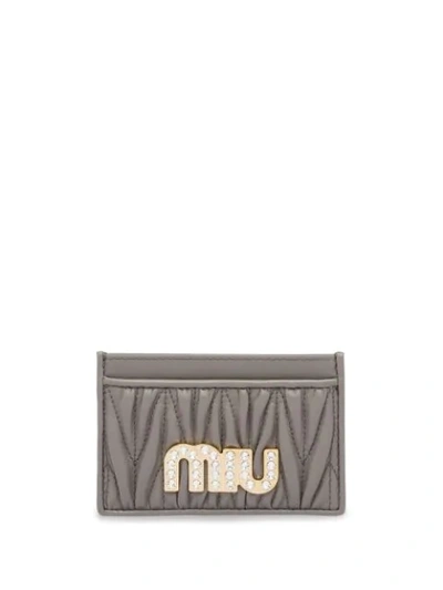 Shop Miu Miu Embellished Logo Matelassé Cardholder In Grey