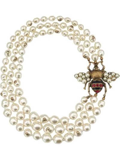 Shop Gucci Glass Pearl Necklace With Bee In White