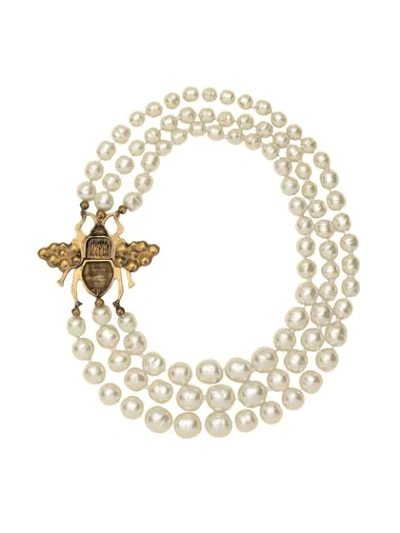 Shop Gucci Glass Pearl Necklace With Bee In White