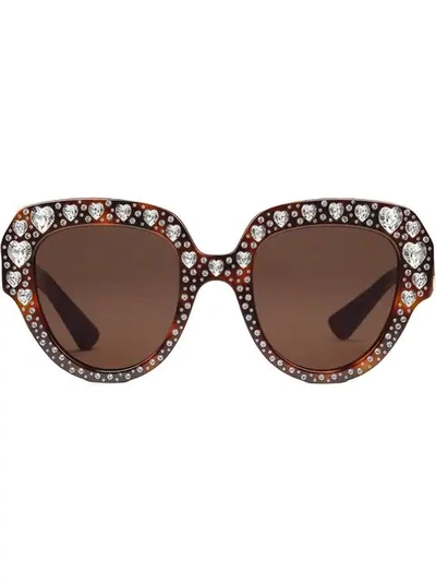 Shop Gucci Crystal Embellished Sunglasses In Brown