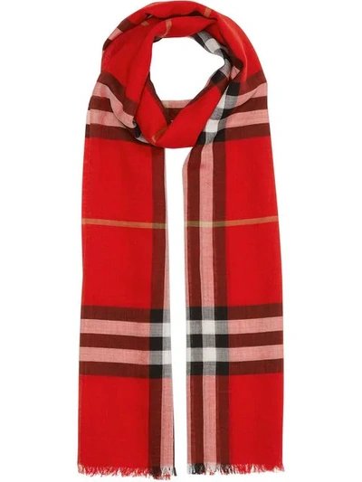 Shop Burberry Lightweight Check Wool And Silk Scarf In Red