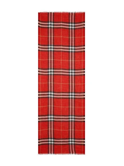 Shop Burberry Lightweight Check Wool And Silk Scarf In Red