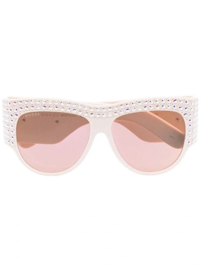 Shop Gucci Rhinestone-embellished Sunglasses In Neutrals