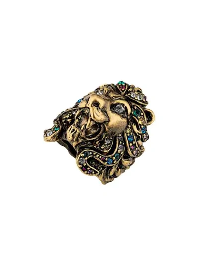 Shop Gucci Lion Head Ring With Multicolor Crystals In Gold