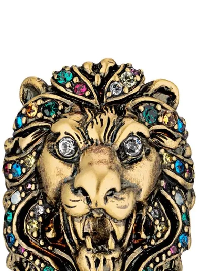 Shop Gucci Lion Head Ring With Multicolor Crystals In Gold