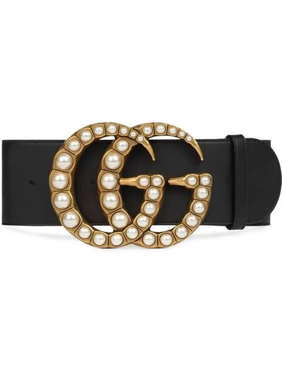 Shop Gucci Pearl Double G Wide Belt In Black