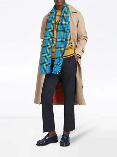 Shop Burberry Check Cashmere Scarf In Blue