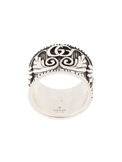 Shop Gucci Double G Leaf Motif Ring In Silver