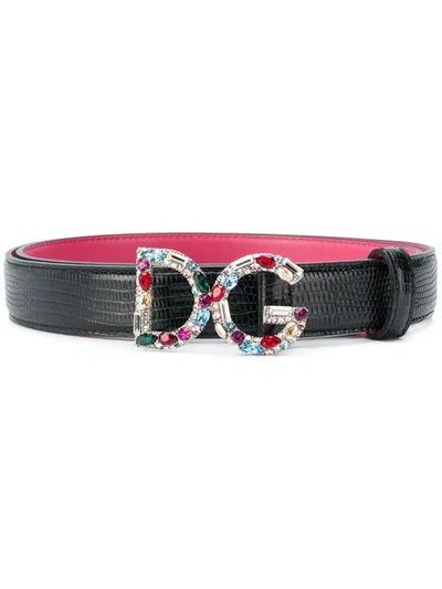 Shop Dolce & Gabbana Bejewelled Buckle Belt In 8b974 Black/fuxia