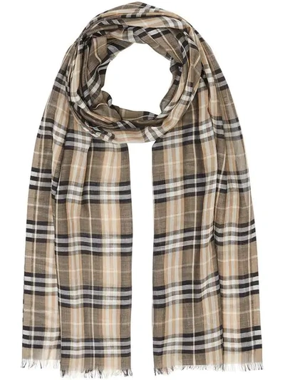 Shop Burberry Vintage Check Lightweight Wool Silk Scarf In Pale Honey