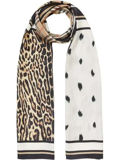 Shop Burberry Vintage Check And Animal Print Silk Scarf In Neutrals