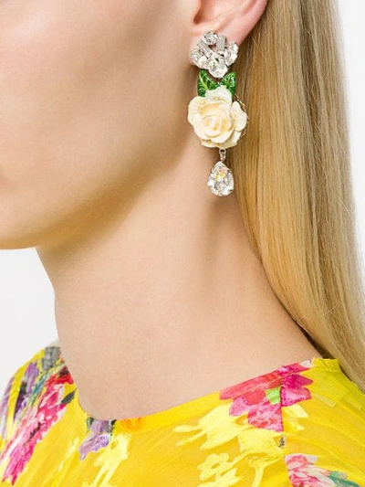 Shop Dolce & Gabbana Rose And Crystal Drop Earrings In White