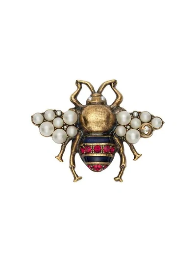 Shop Gucci Bee Brooch With Crystals And Pearls In Metallic ,multicolour
