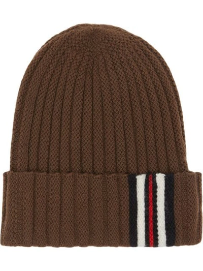 BURBERRY 标志条纹细节罗纹针织羊毛套头帽 - 棕色