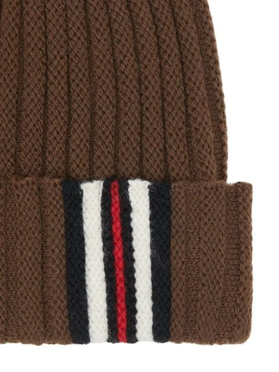 Shop Burberry Icon Stripe Detail Rib Knit Wool Beanie In Brown