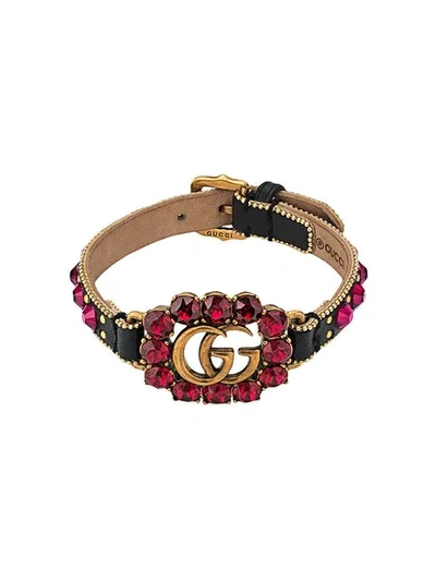 Shop Gucci Leather Bracelet With Double G In Black